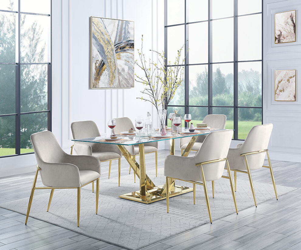 Tempered glass top and mirrored gold finish base dining table by Acme