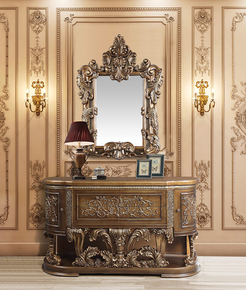 Brown & gold finish ornate scrollwork and endless details server by Acme