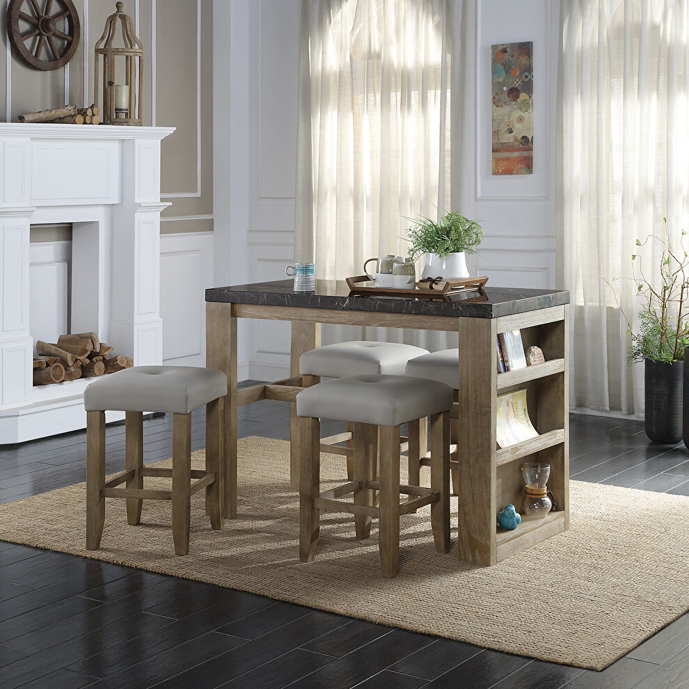 Durable marble top and oak finish base counter height table by Acme