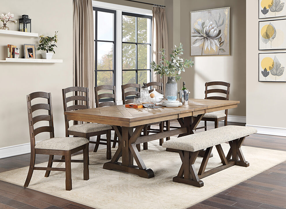 Rustic brown & oak finish x-shape pedestals rectangular dining table by Acme