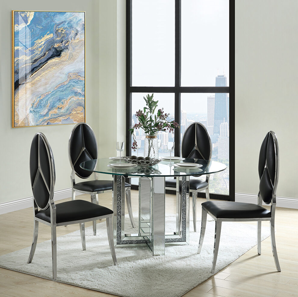 Tempered glass top round mirrored base dining table by Acme