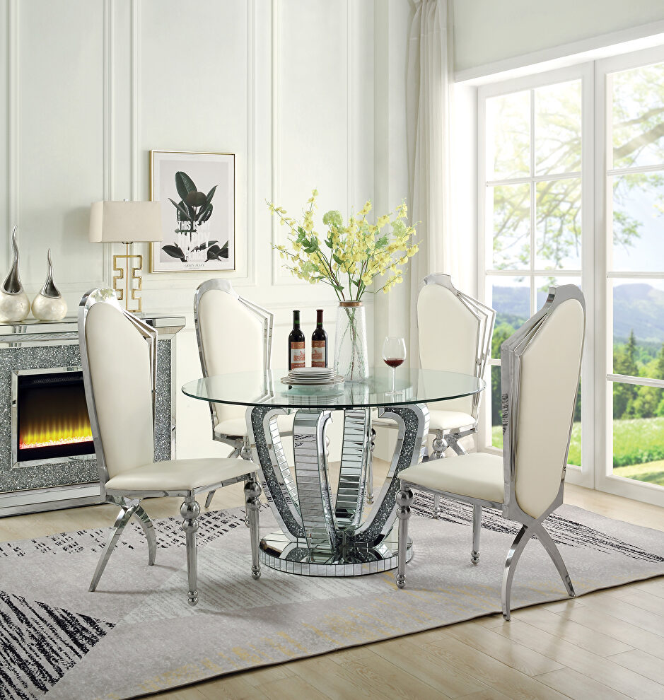 Tempered glass top mirrored base round dining table by Acme