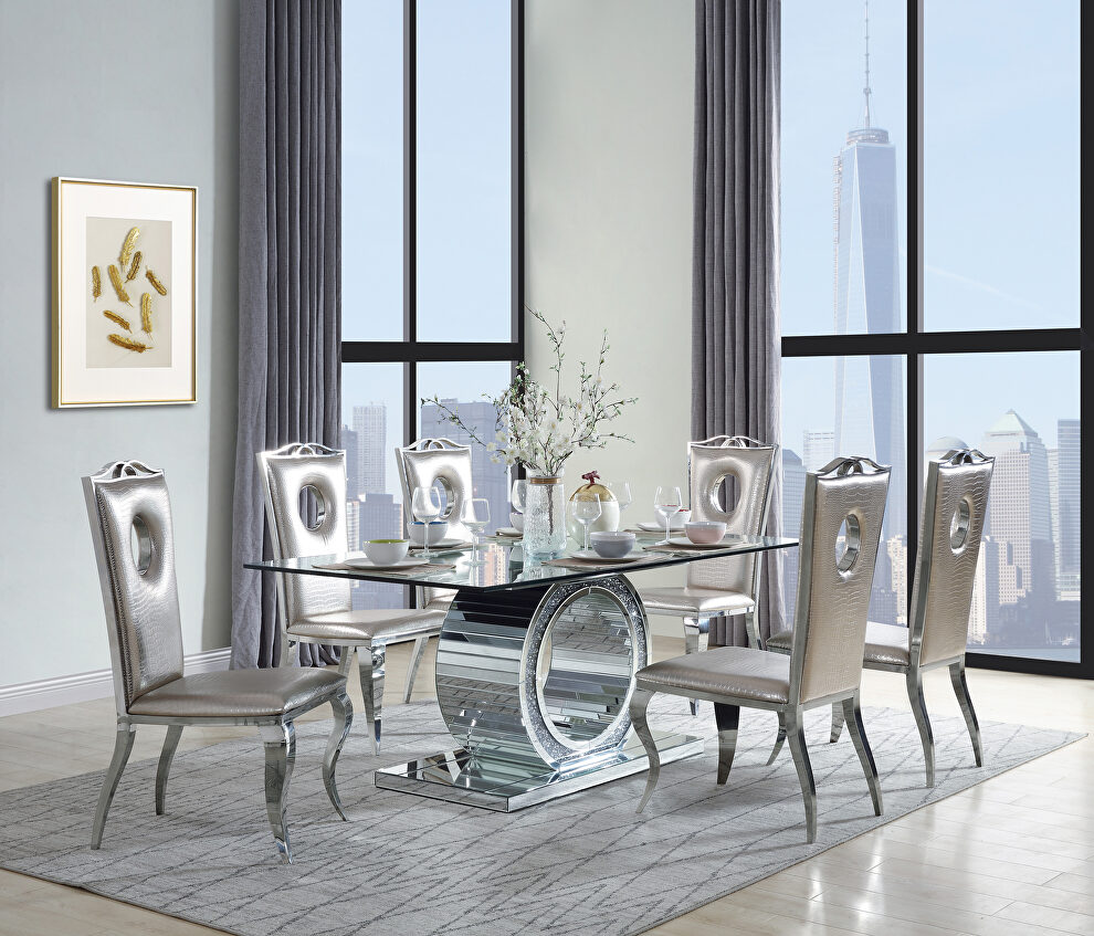 Tempered glass fixed top single pedestal rectangular dining table by Acme