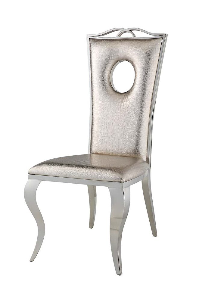 Beige pearlized faux crocodile fabric and shiny chrome base dining chair by Acme