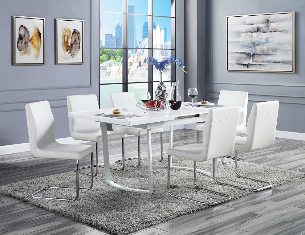 High gloss white finish rectangular dining table w/ metal legs by Acme
