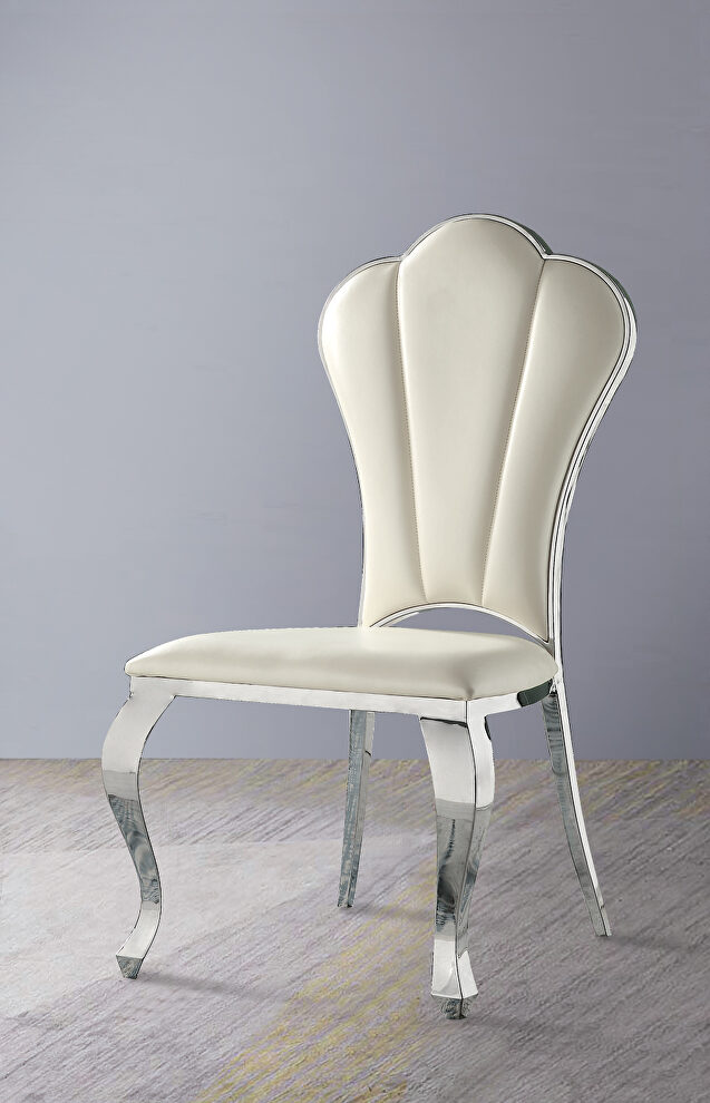 Beige pu upholstery and shiny stainless-steel frame dining chair by Acme