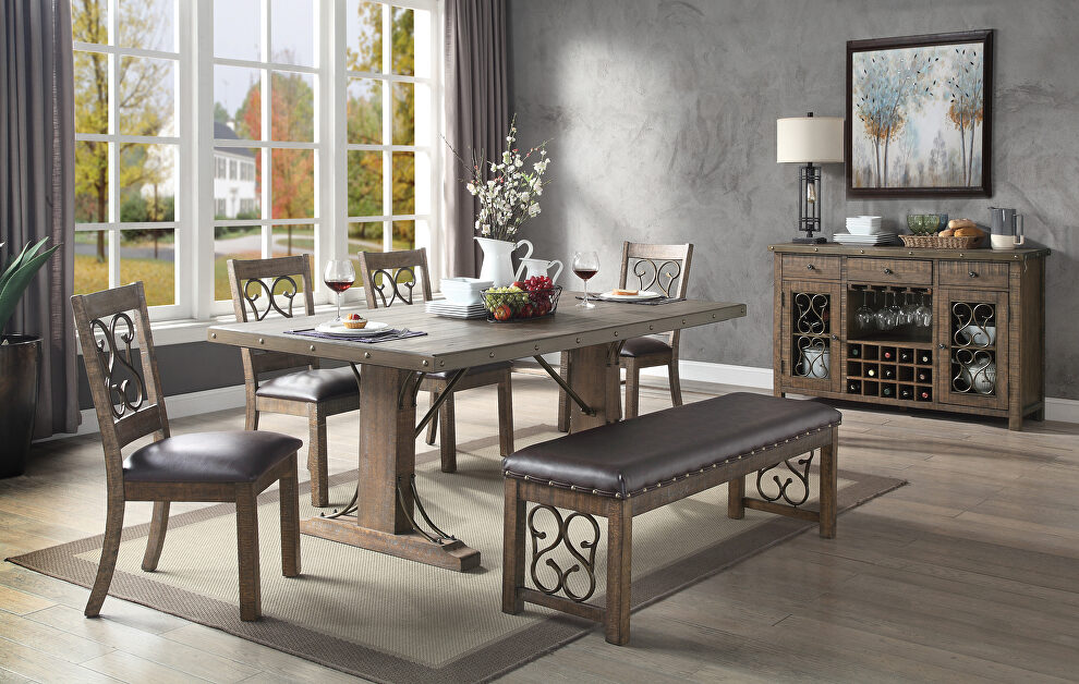 Weathered cherry finish fixed table top double pedestals dining table by Acme