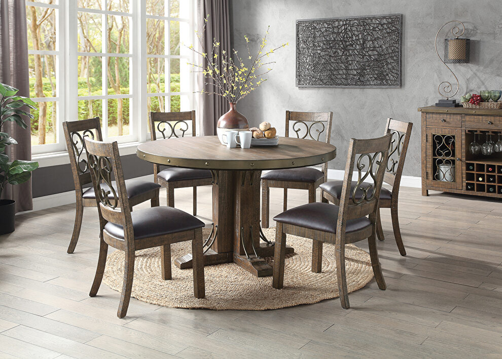 Weathered cherry finish fixed table top single pedestal base round dining table by Acme