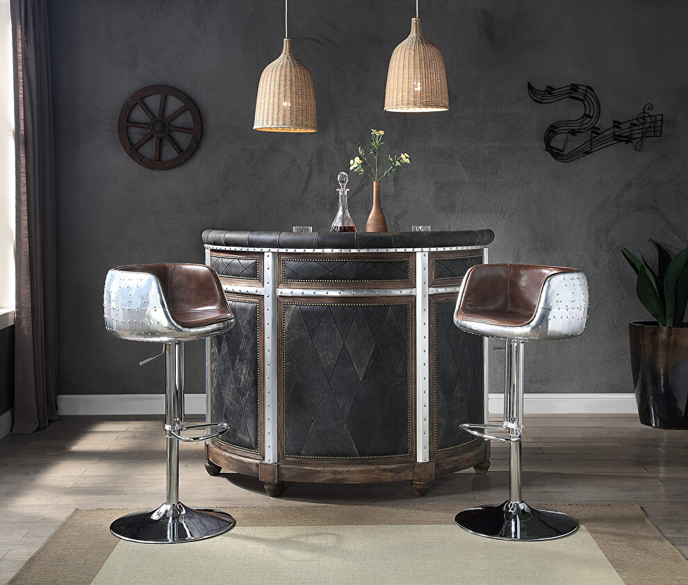 Blend of antique ebony top grain leather and aluminum bar table by Acme