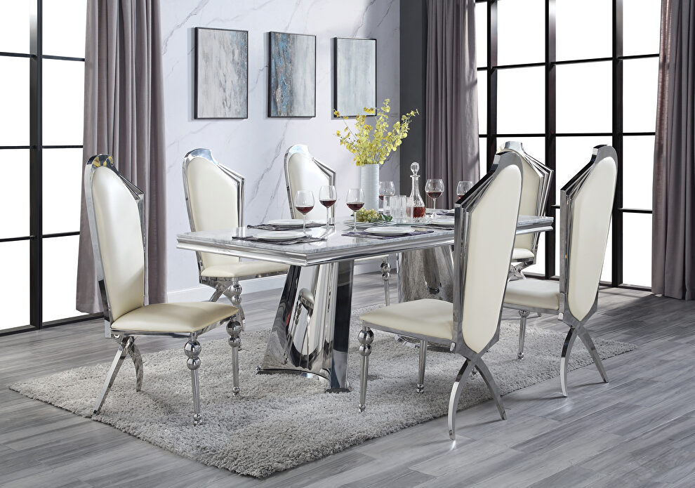 Gray marble top and stainless steel frame dining table by Acme