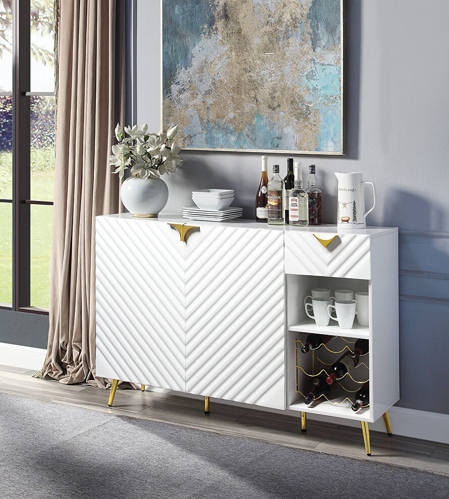 White high gloss finish textured vertical lined server by Acme