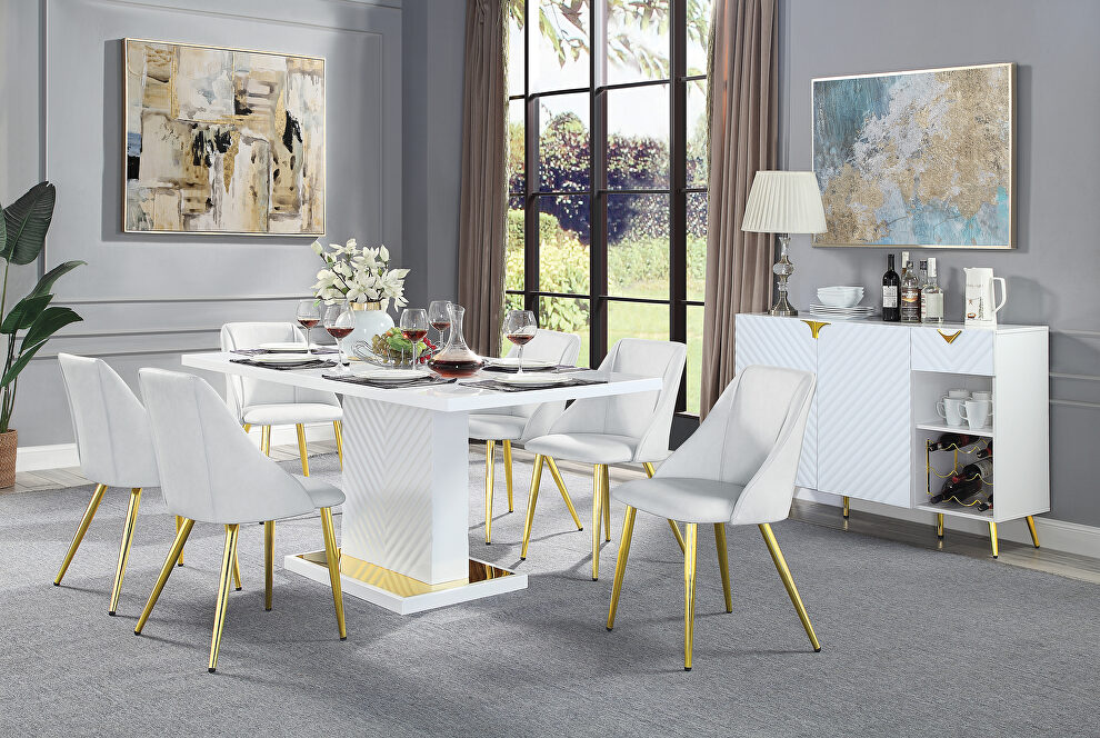 White high gloss finish textured vertical lined pedestal dining table by Acme