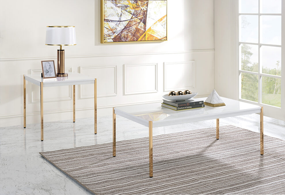 White to & gold finish metal tube legs coffee table by Acme