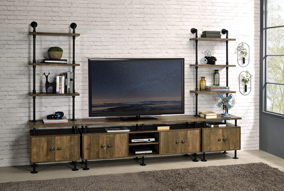 Rustic oak & black finish water pipe style TV stand by Acme
