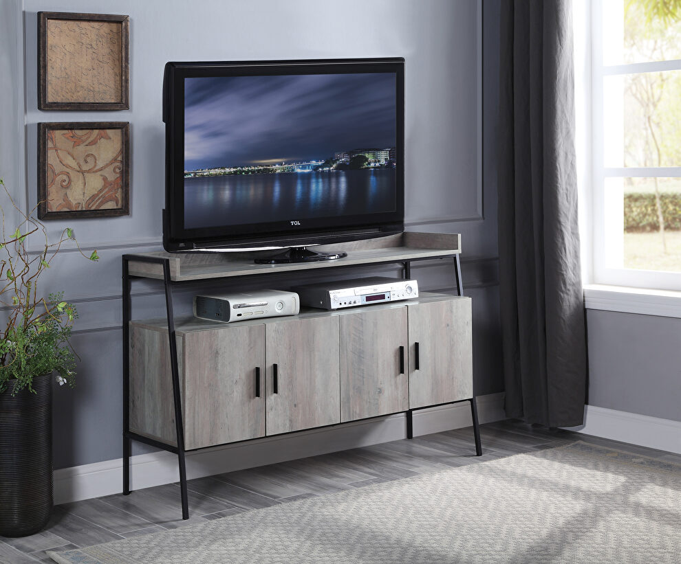 Gray oak & black finish metal frame TV stand by Acme
