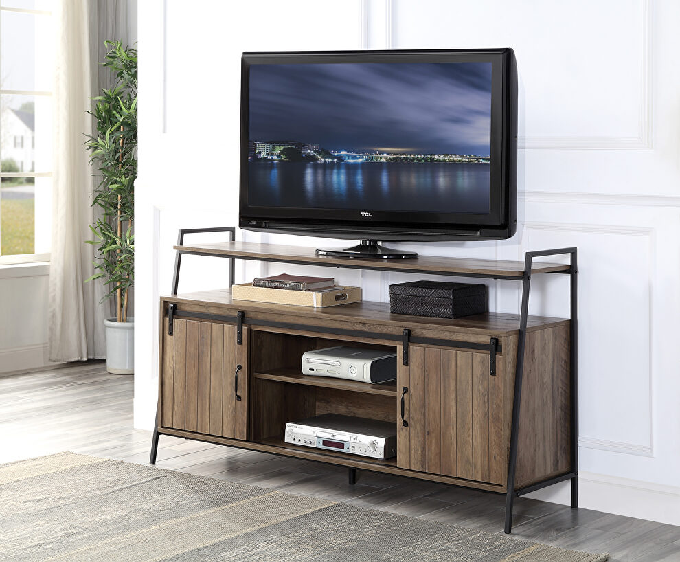 Rustic oak & black finish metal frame TV stand by Acme