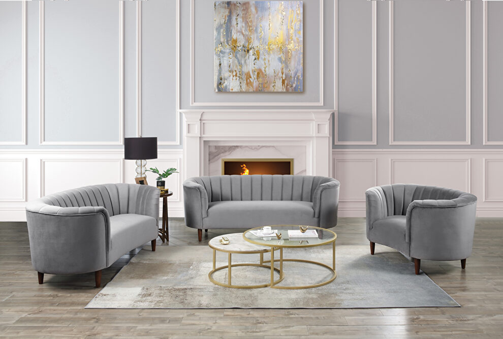 Gray velvet upholstery deep channel tufting sofa by Acme