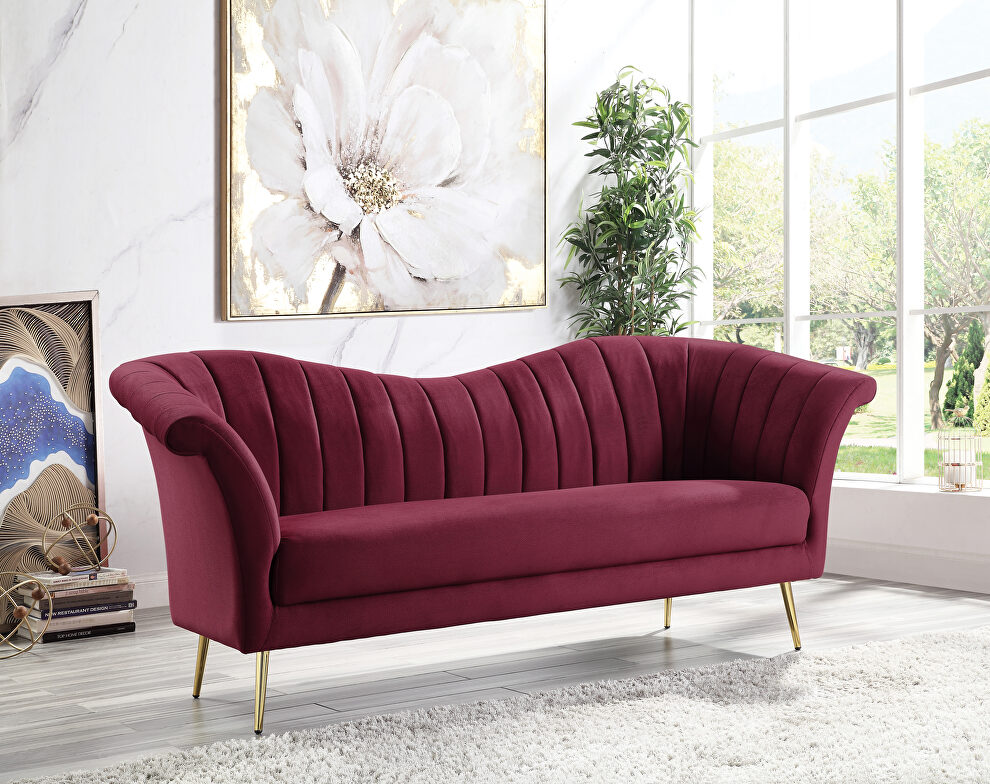 Red velvet upholstery and gold finish metal legs sofa by Acme