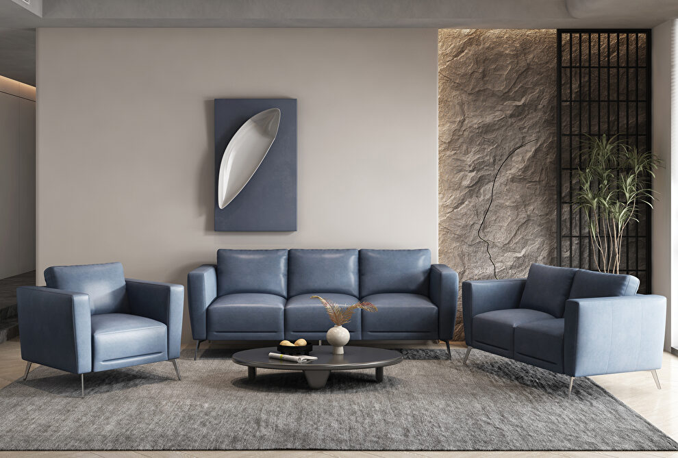 Serene blue leather overstuffed backrests and plush seats sofa by Acme