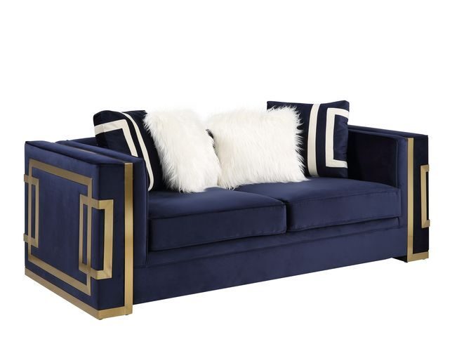 Blue velvet upholstery and gold detail on the base loveseat by Acme