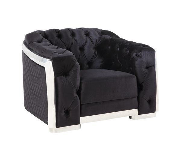 Black velvet upholstery & chrome finish base classic chesterfield design chair by Acme