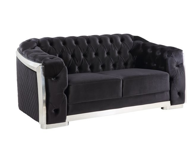 Black velvet upholstery & chrome finish base classic chesterfield design loveseat by Acme