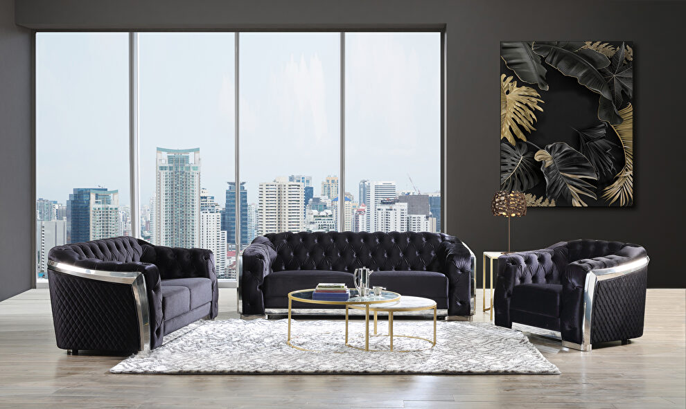 Black velvet upholstery & chrome finish base classic chesterfield design sofa by Acme