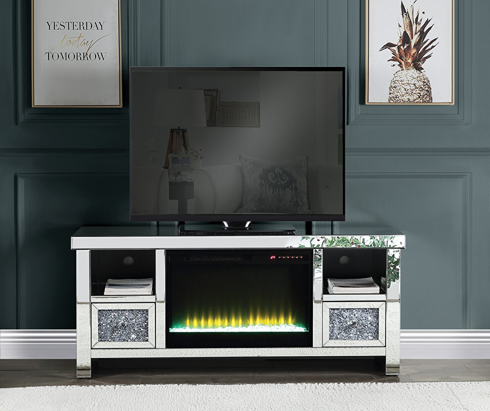 Mirrored & faux diamonds glamour TV stand w/ fireplace by Acme