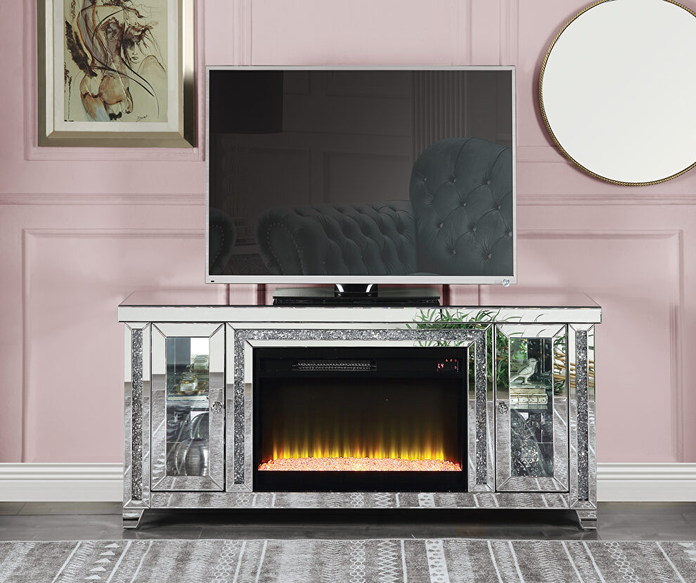 Mirrored & faux diamonds TV stand with fireplace and led by Acme