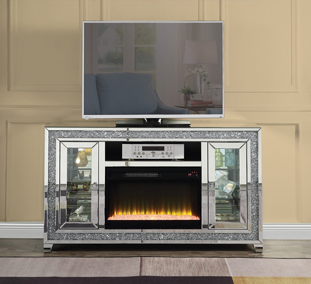 Mirrored and faux diamonds TV stand w/ fireplace & led by Acme