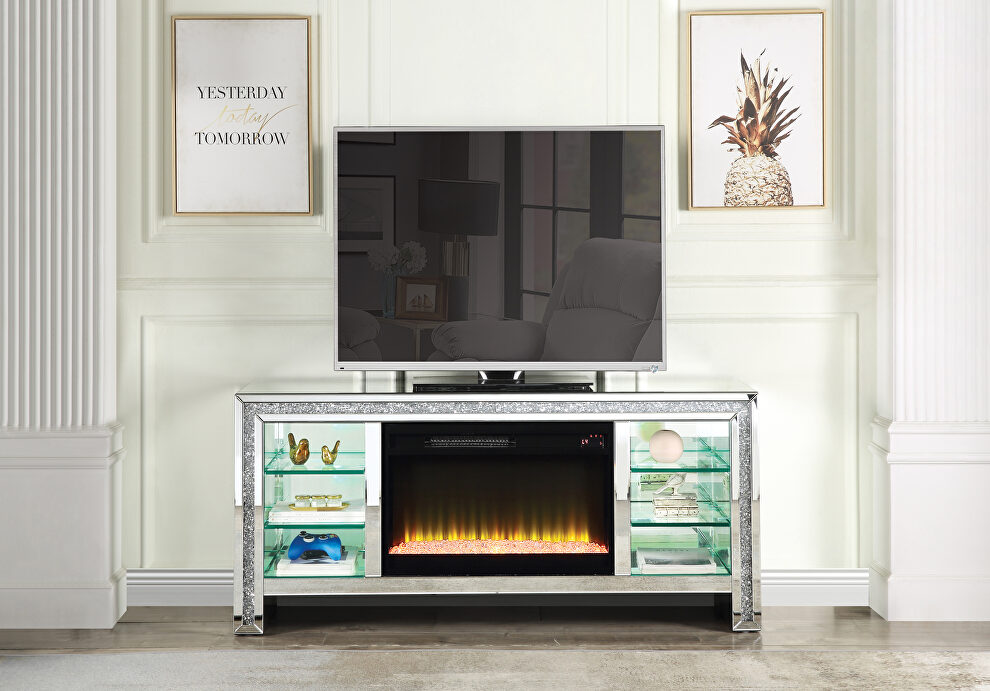 Faux diamonds mirrored TV stand w/ fireplace & led by Acme