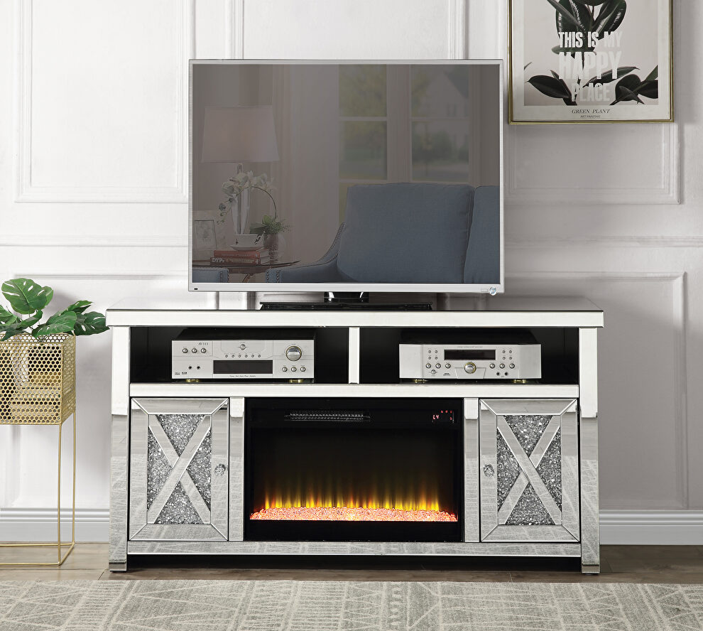 Alluring mirrored and faux diamond finish TV stand with a fireplace by Acme