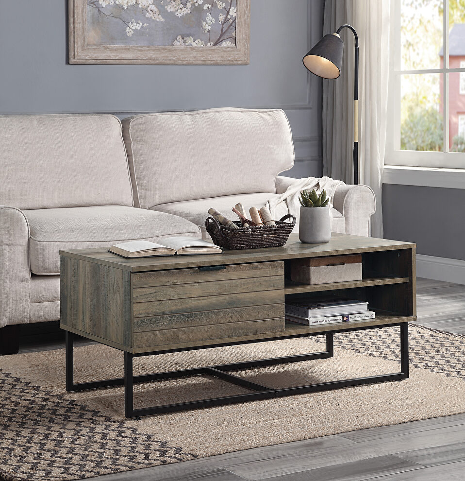 Rustic oak composite wood & black finish metal coffee table by Acme