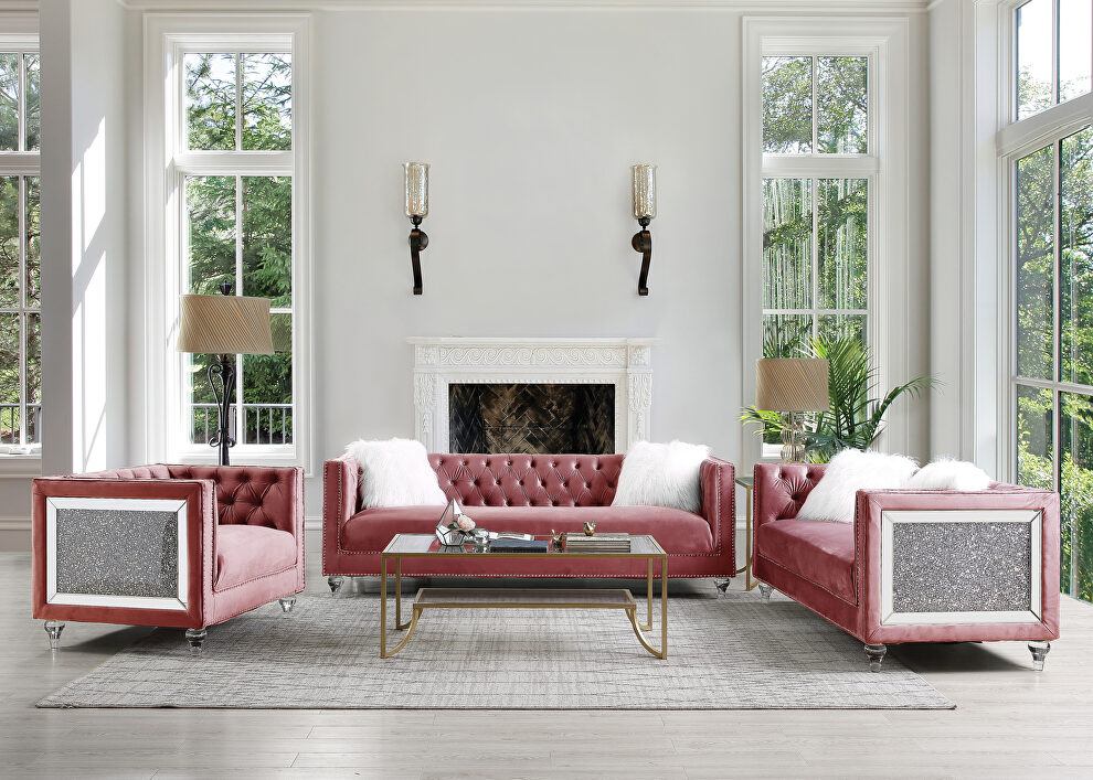 Pink velvet faux diamond trim classic sofa by Acme