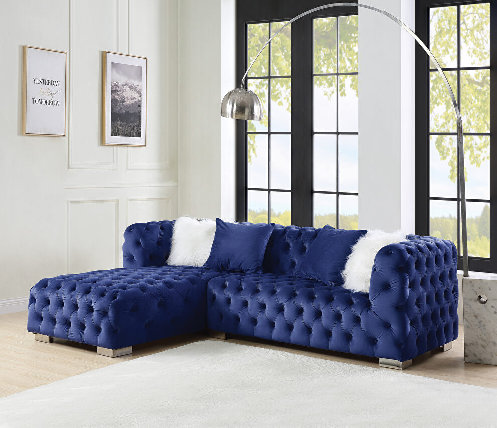 Blue velvet upholstery elegant button-tufted sectional sofa by Acme