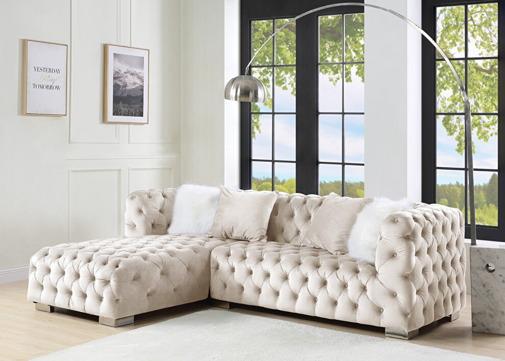 Beige velvet upholstery elegant button-tufted sectional sofa by Acme