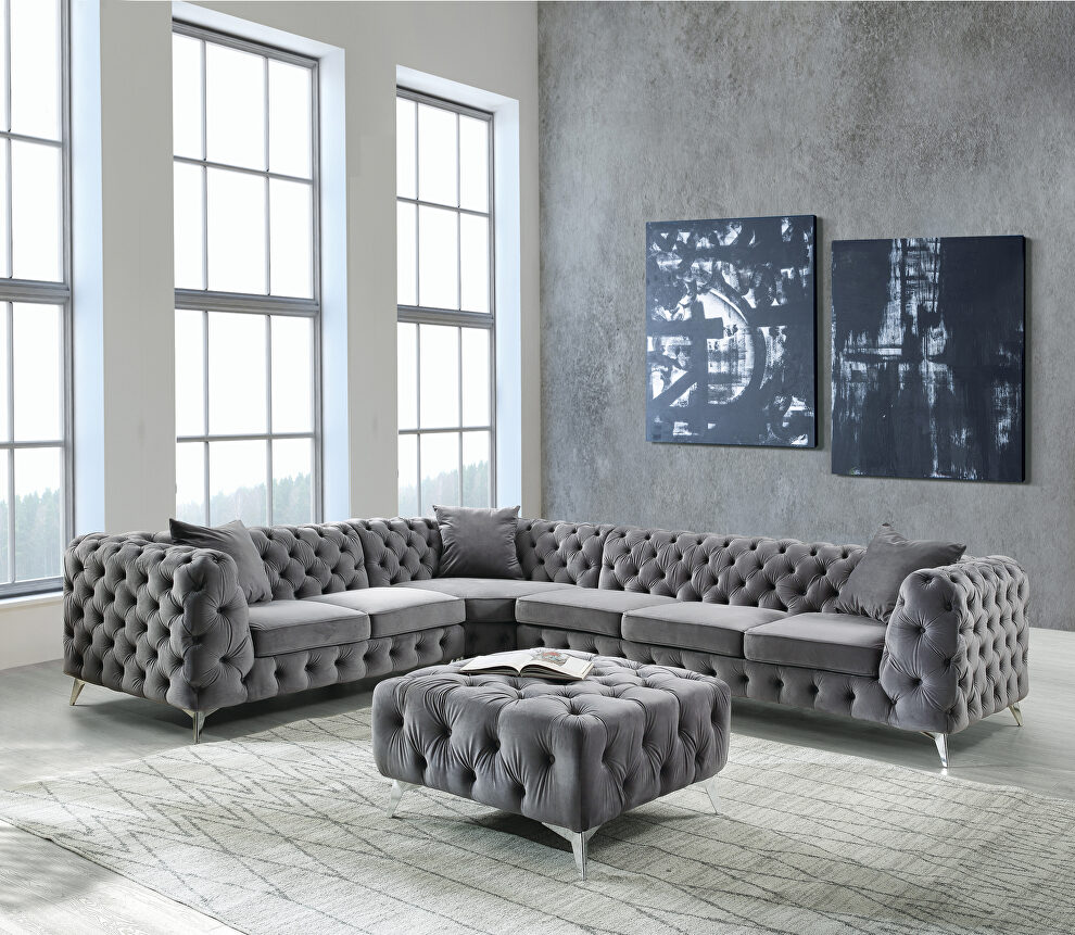 Dark gray velvet upholstery classic button tufting sectional sofa by Acme