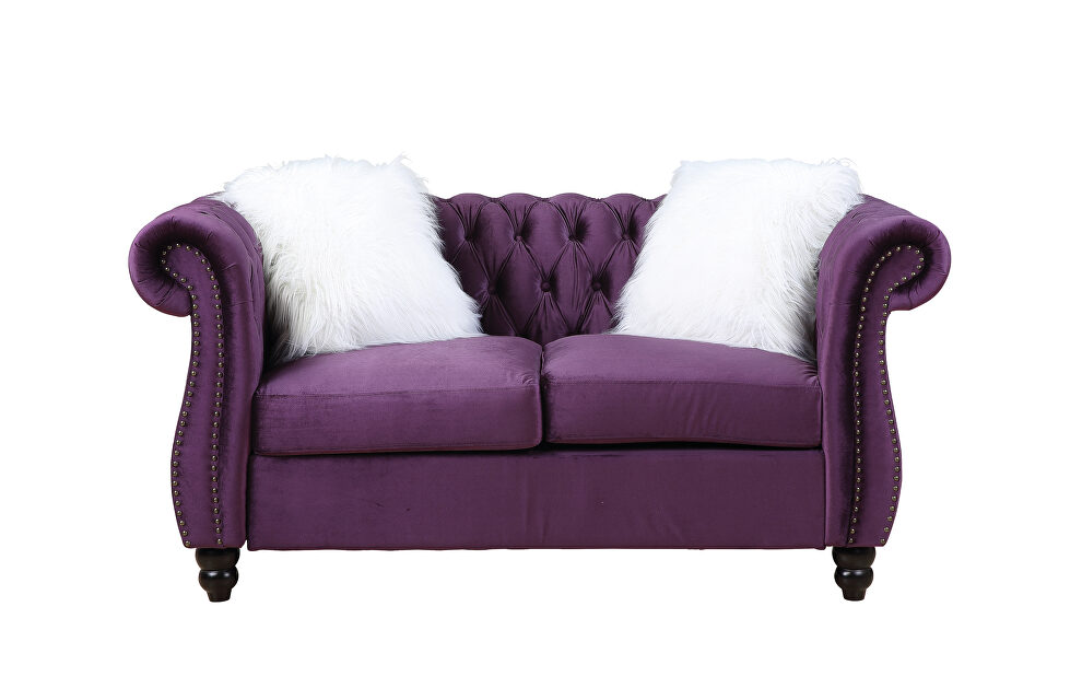 Purple velvet upholstery button tufted loveseat by Acme