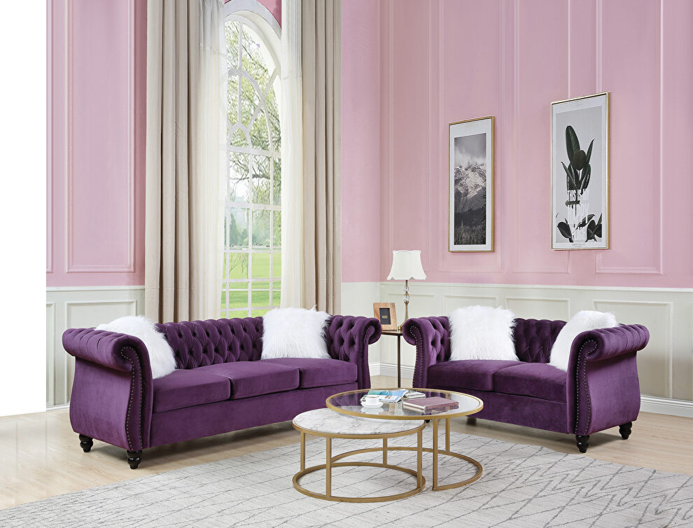 Purple velvet upholstery button tufted sofa by Acme