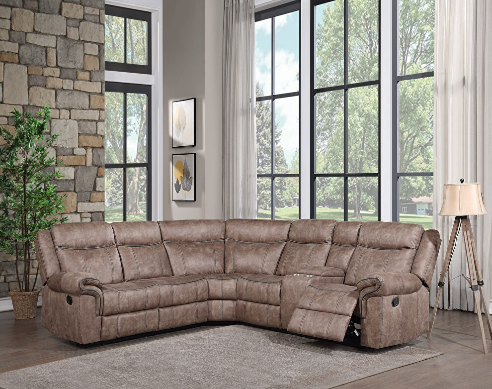 2-tone chocolate velvet sectional recliner sofa with usb and ac power ports by Acme