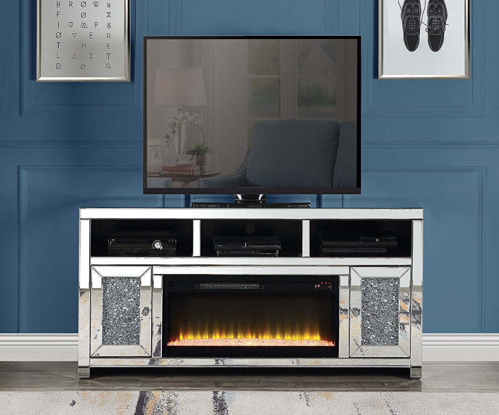 Sleek mirrored finish with glimmering faux diamonds TV stand w/ fireplace by Acme