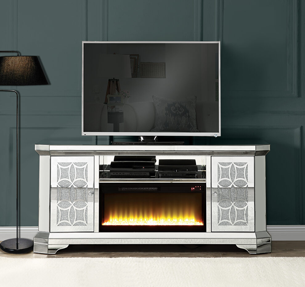 Mirrored & faux diamonds TV stand w/ touch panel led fireplace by Acme
