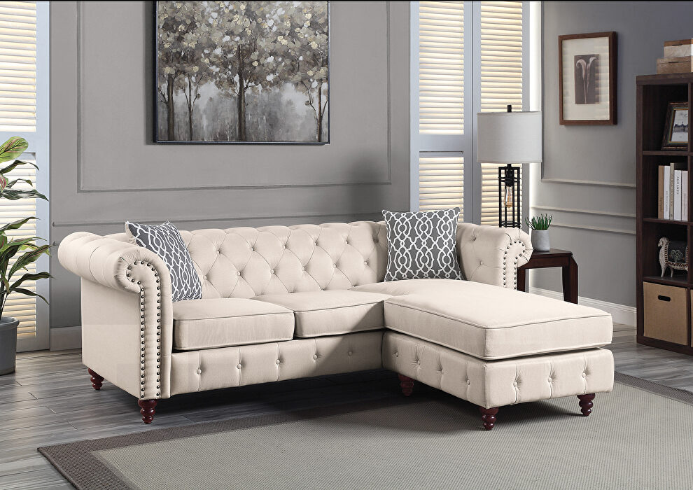 Beige fabric upholstery button tufted reversible sectional sofa by Acme