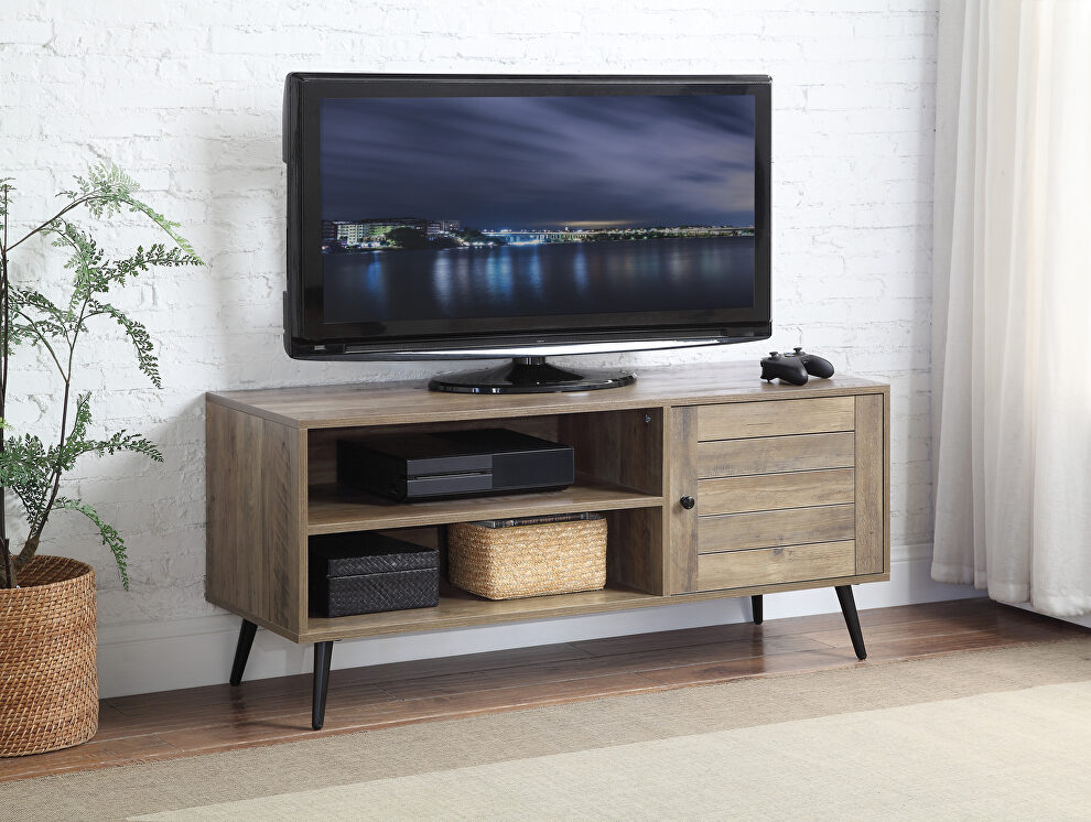 Rustic oak & black finish metal frame industrial style TV stand by Acme