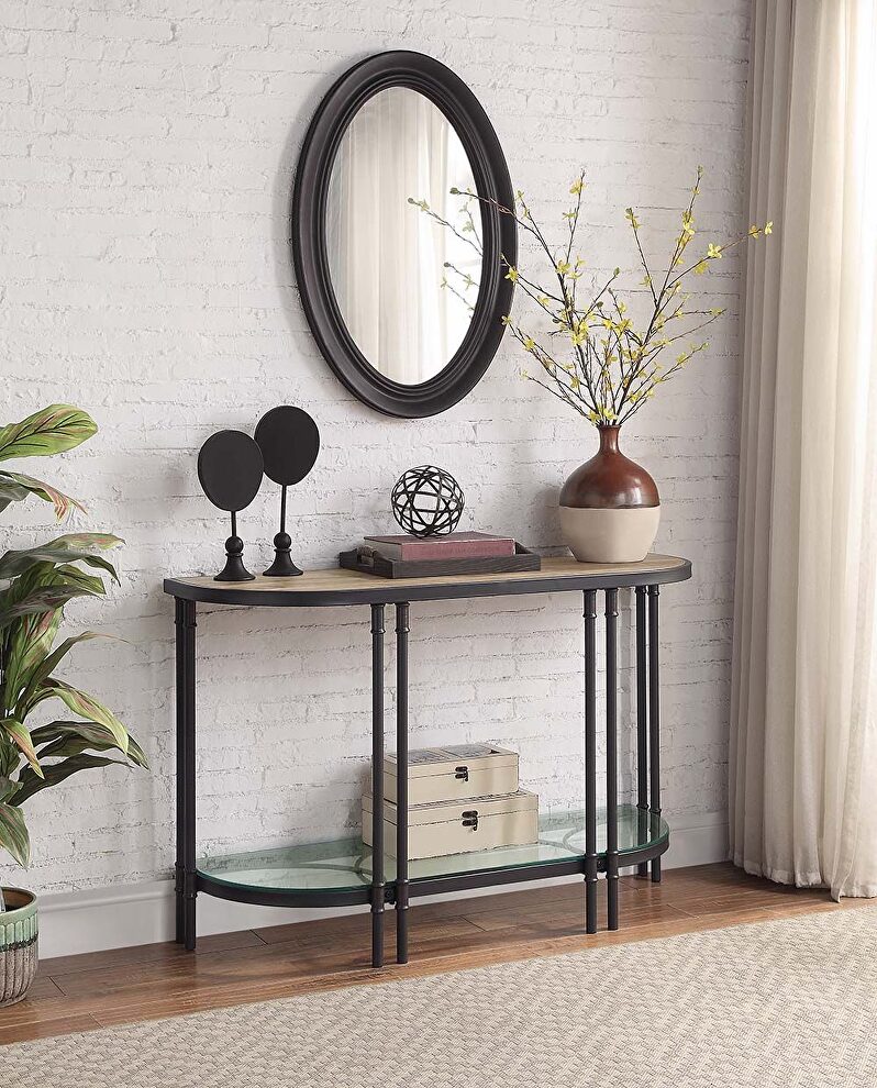 Oak finish top & sandy black finish metal base console table by Acme