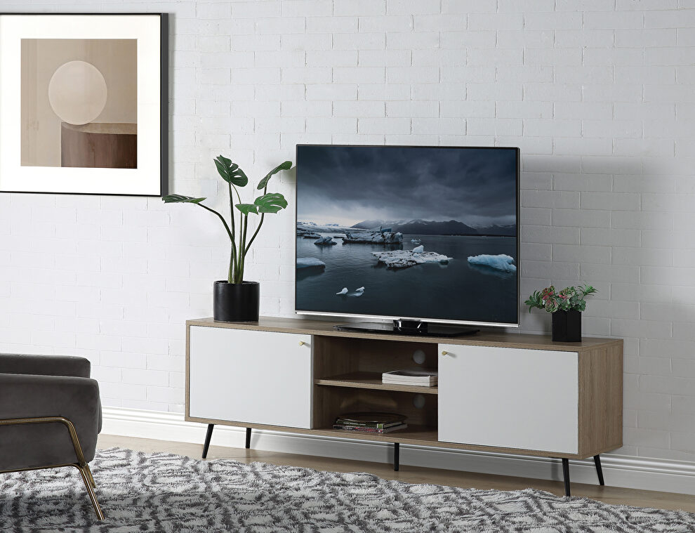 Rustic oak/ white wood base & black finish legs rectangular TV stand by Acme