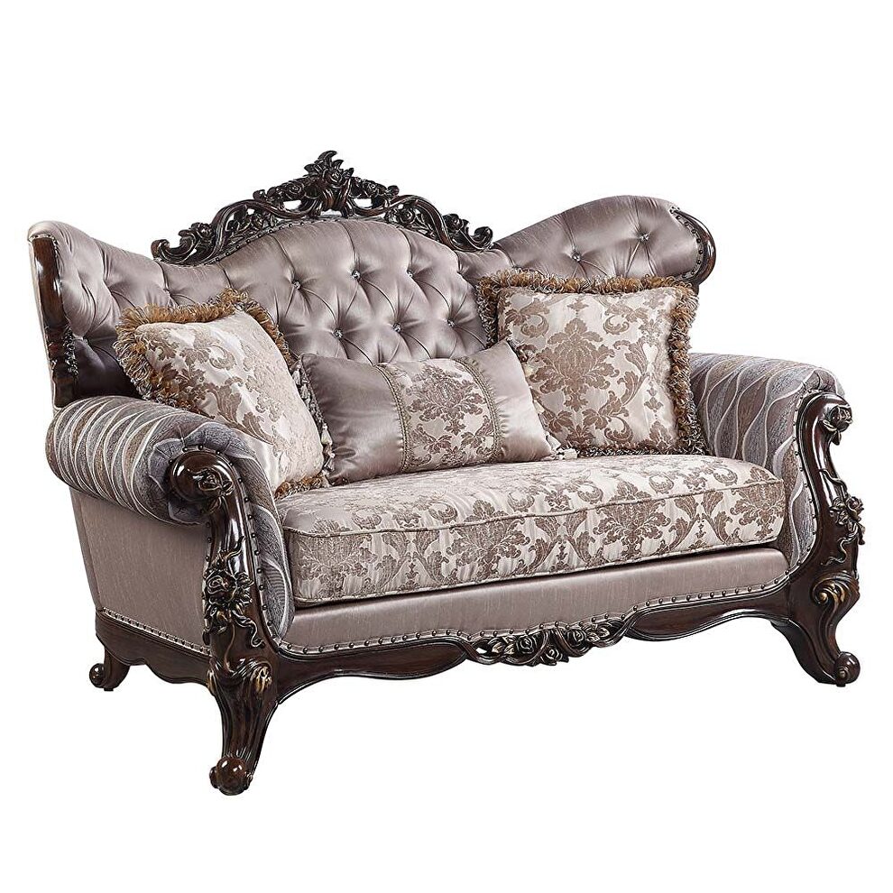 Fabric upholstery button tufted & antique oak finish base loveseat by Acme