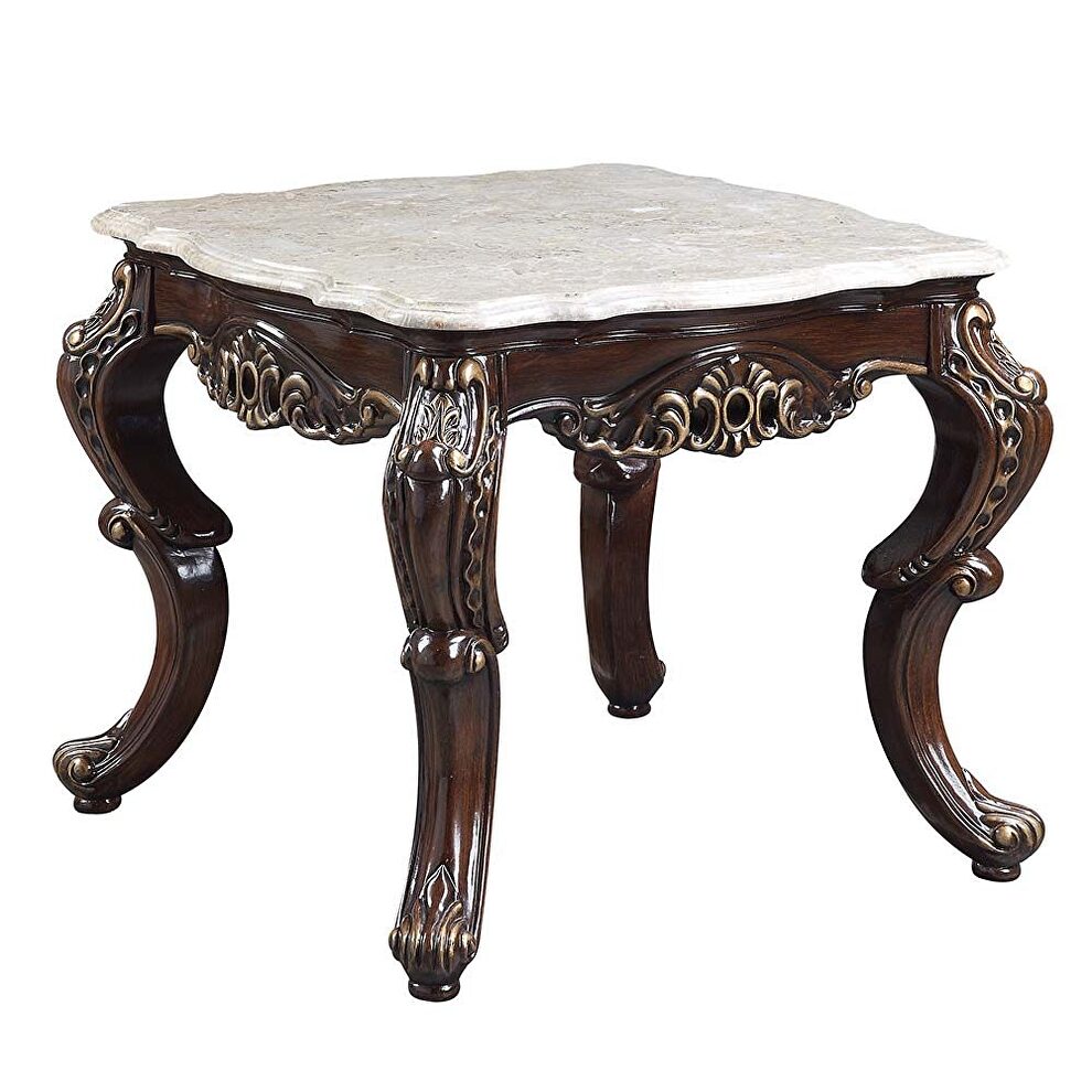 Marble top & antique oak finish scrolled ornamental details end table by Acme