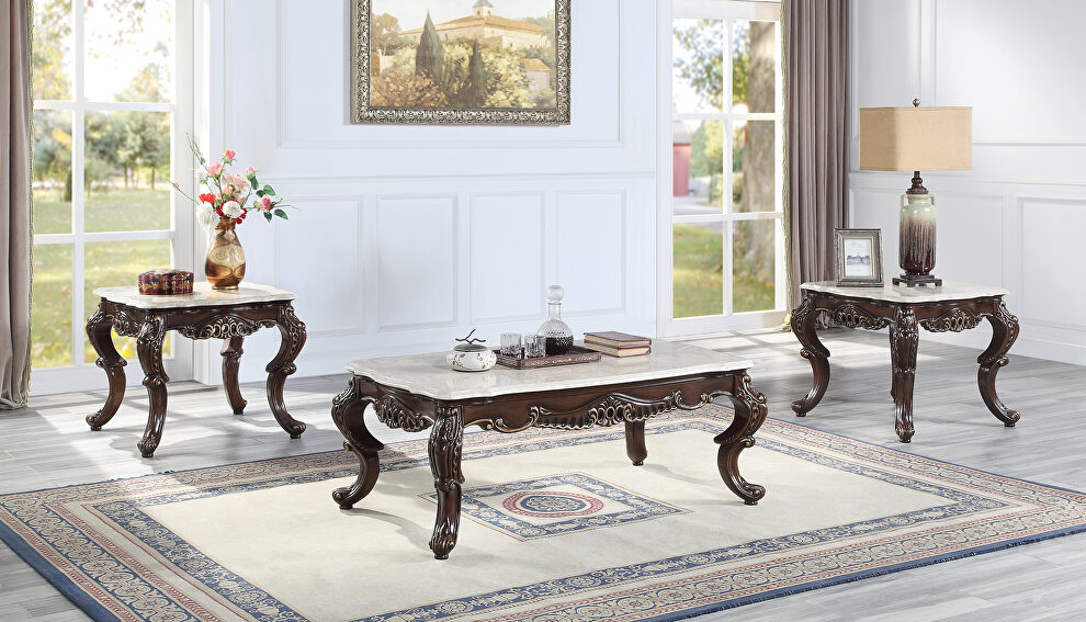Marble top & antique oak finish scrolled ornamental details coffee table by Acme