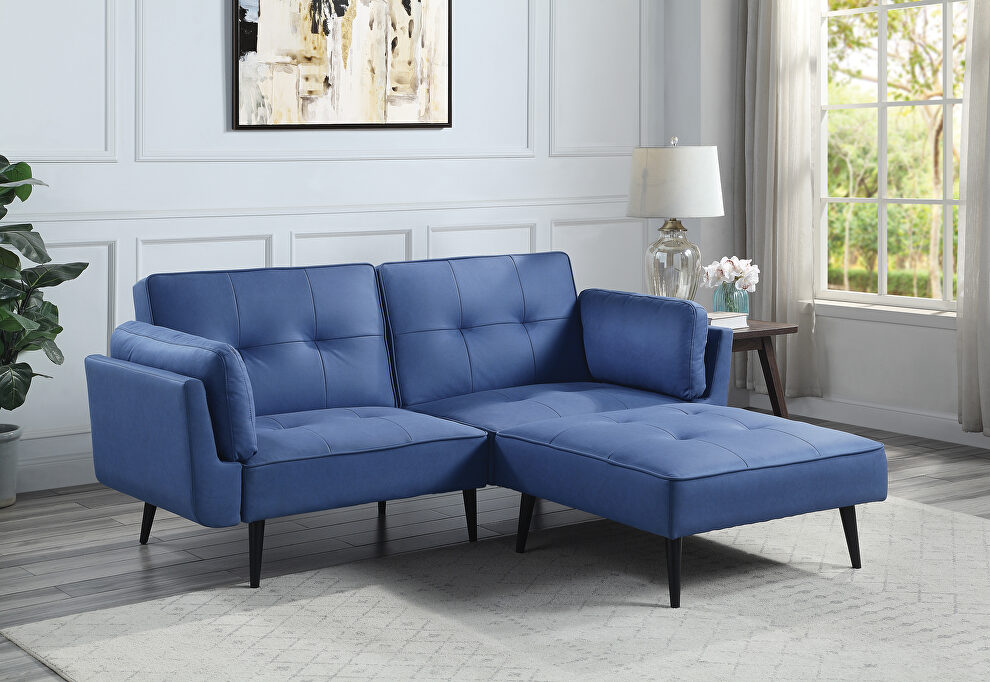 Blue fabric upholstery adjustable sofa and ottoman by Acme